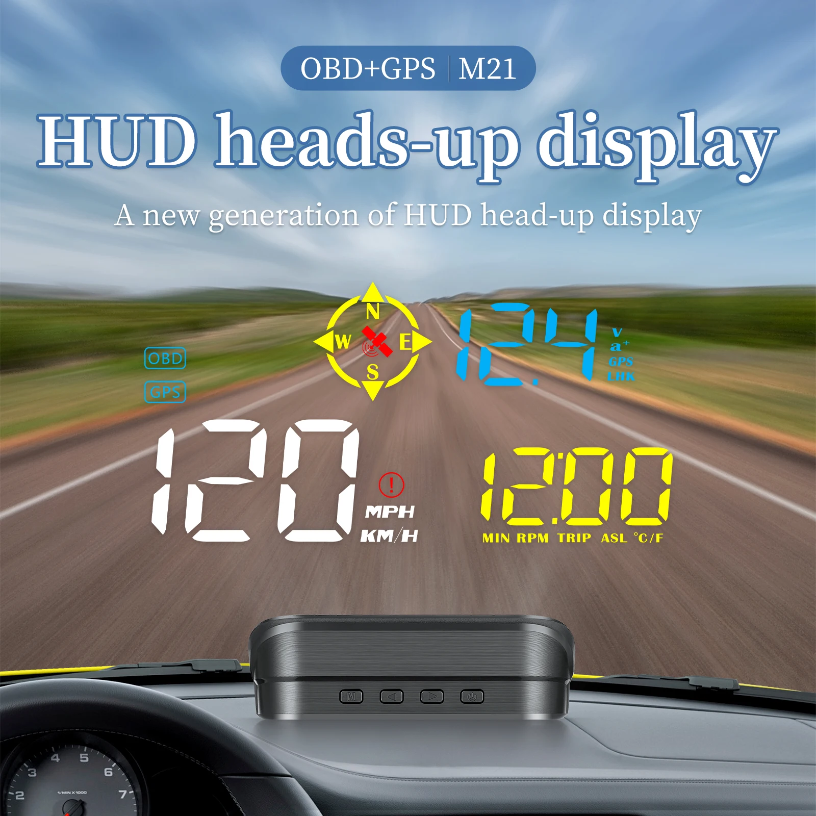 Головной дисплей M21 Автомобильный OBD2 GPS HUD Спидометр Температура Воды Сигнализация Напряжения Измерение Скорости Радар детектор Автоматическое Предупреждение Изображение 0