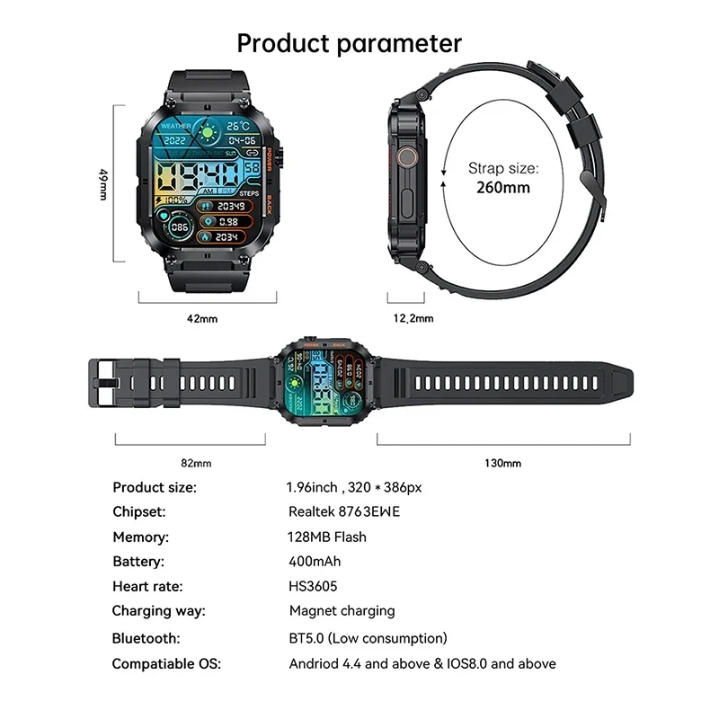 Умные часы K57 Pro для мужчин Bluetooth Вызов Спорт на открытом воздухе Батарея 400 мАч 1,96-дюймовый IPS-экран Частота сердечных сокращений кровяное давление Умные часы Изображение 5