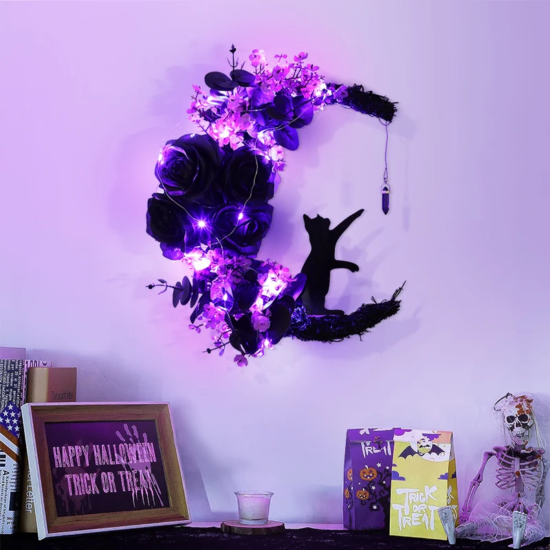 Венок на Хэллоуин со светодиодной подсветкой, искусственная Летучая мышь, Ворона, Кошка, Лунный Венок для передней двери, окна, стены, украшение для домашней вечеринки на Хэллоуин Изображение 0