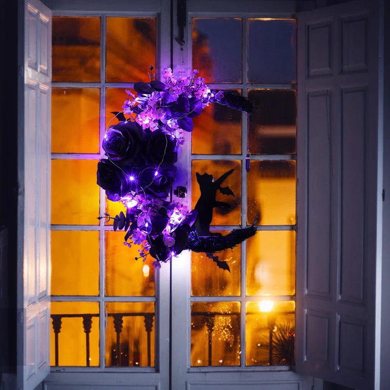 Венок на Хэллоуин со светодиодной подсветкой, искусственная Летучая мышь, Ворона, Кошка, Лунный Венок для передней двери, окна, стены, украшение для домашней вечеринки на Хэллоуин Изображение 1