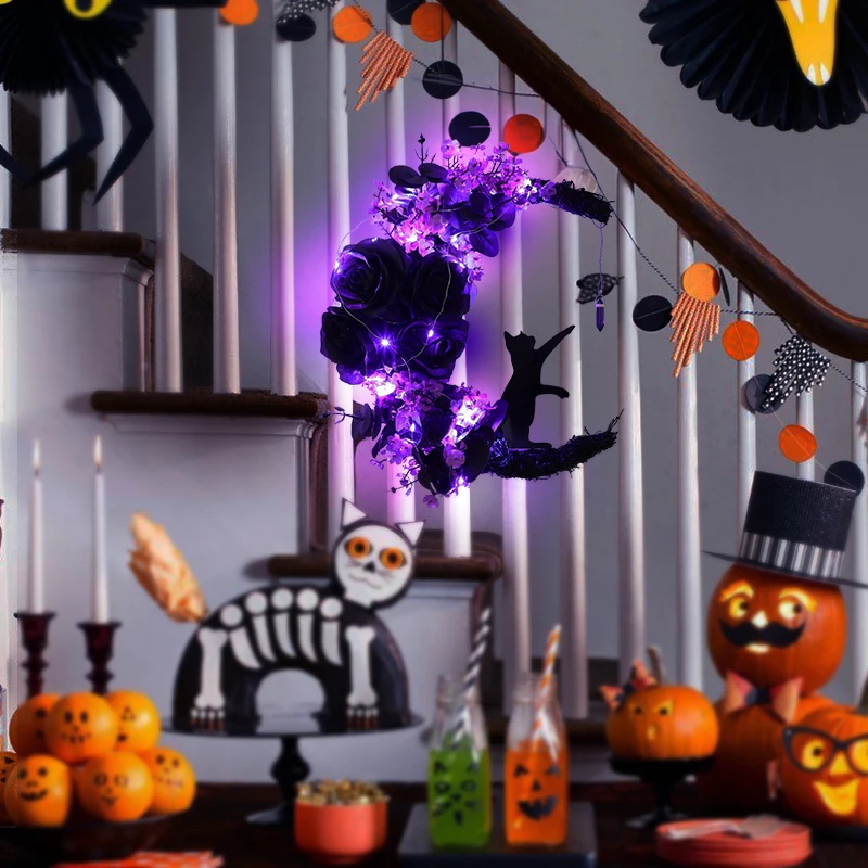 Венок на Хэллоуин со светодиодной подсветкой, искусственная Летучая мышь, Ворона, Кошка, Лунный Венок для передней двери, окна, стены, украшение для домашней вечеринки на Хэллоуин Изображение 2