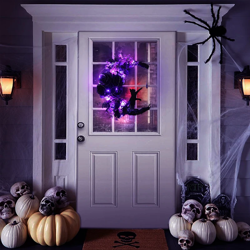 Венок на Хэллоуин со светодиодной подсветкой, искусственная Летучая мышь, Ворона, Кошка, Лунный Венок для передней двери, окна, стены, украшение для домашней вечеринки на Хэллоуин Изображение 3