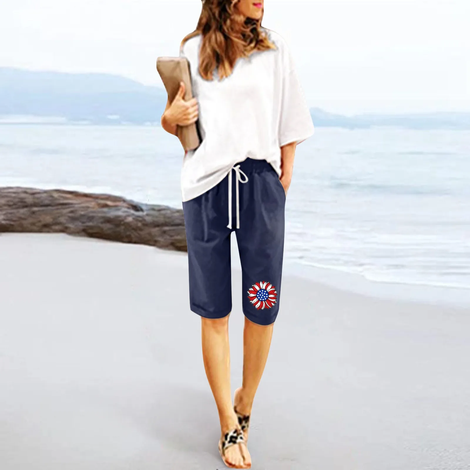 Женские Летние шорты с цветочным принтом и завязками, пляжные хлопчатобумажные брюки со шнуровкой, тренировочные брюки с карманами, пятиточечные брюки Изображение 0