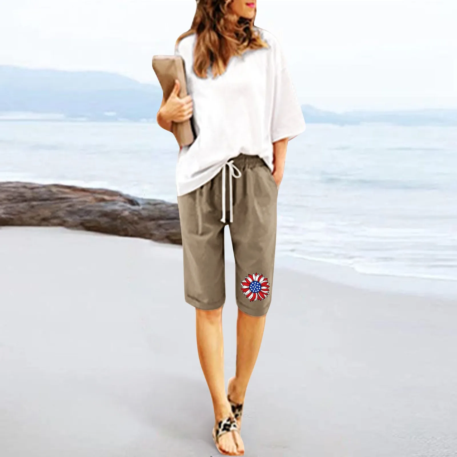 Женские Летние шорты с цветочным принтом и завязками, пляжные хлопчатобумажные брюки со шнуровкой, тренировочные брюки с карманами, пятиточечные брюки Изображение 1