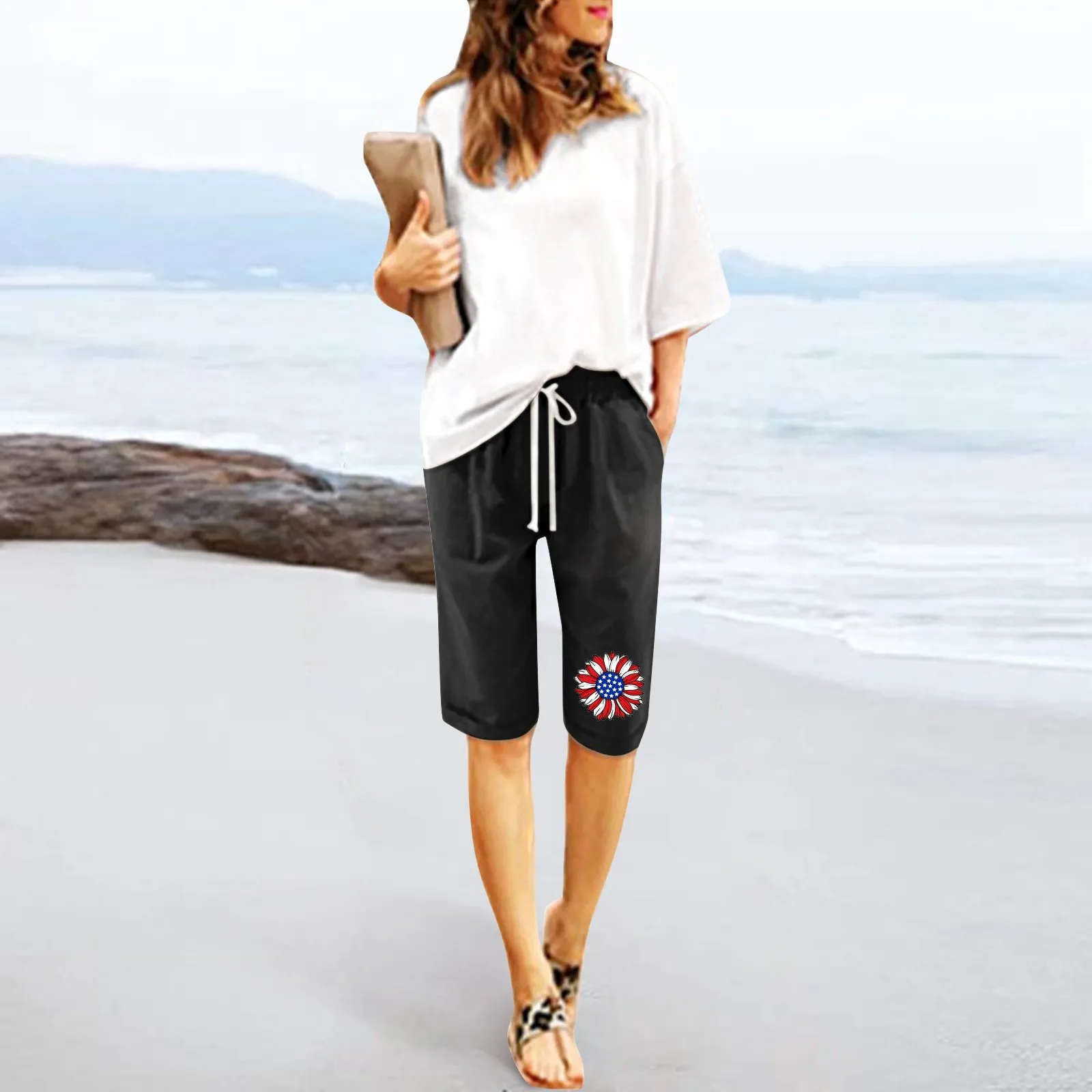 Женские Летние шорты с цветочным принтом и завязками, пляжные хлопчатобумажные брюки со шнуровкой, тренировочные брюки с карманами, пятиточечные брюки Изображение 2