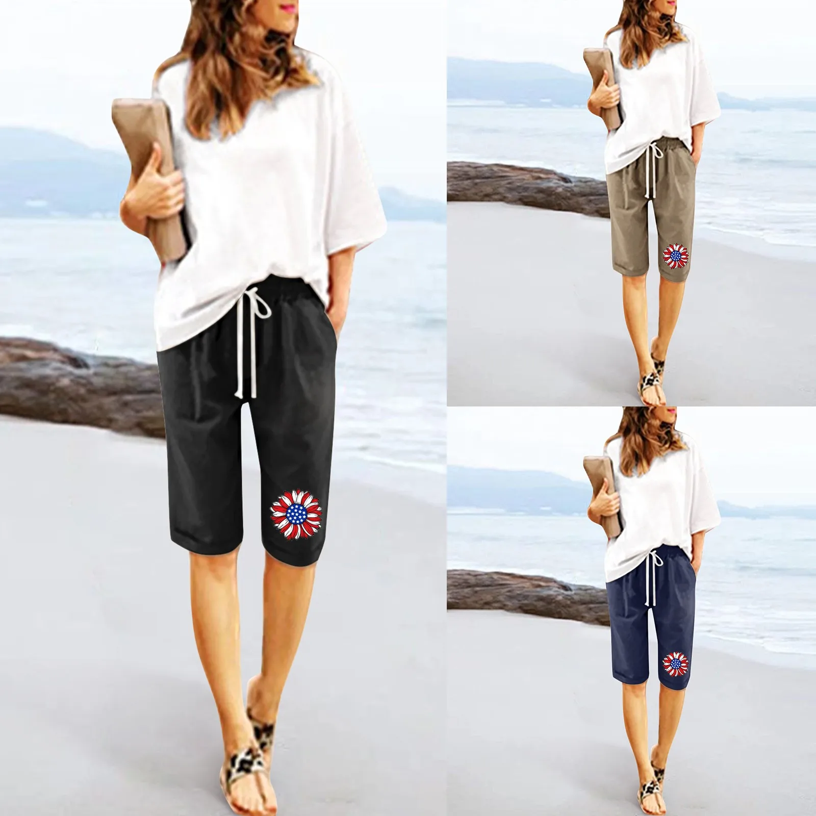 Женские Летние шорты с цветочным принтом и завязками, пляжные хлопчатобумажные брюки со шнуровкой, тренировочные брюки с карманами, пятиточечные брюки Изображение 3