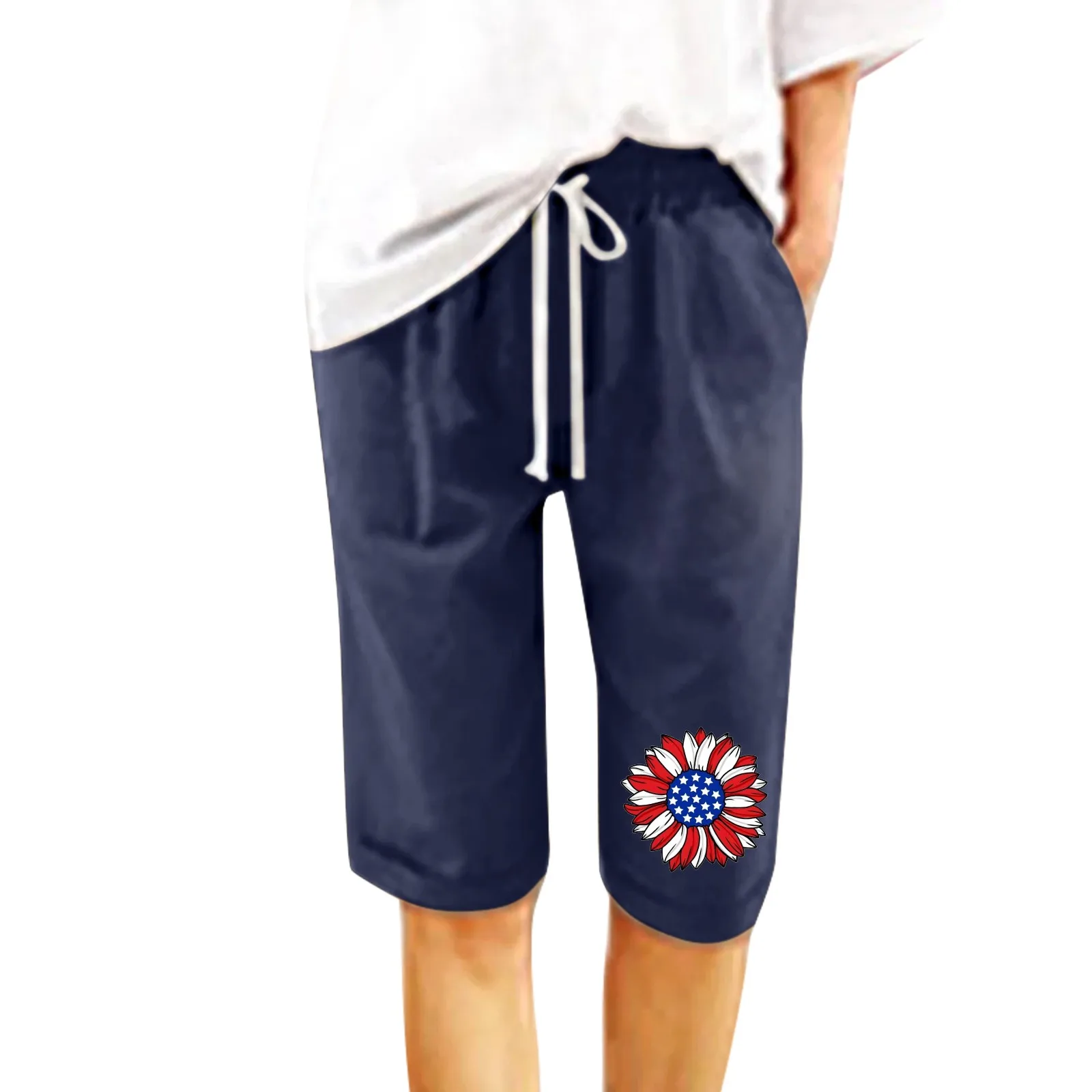 Женские Летние шорты с цветочным принтом и завязками, пляжные хлопчатобумажные брюки со шнуровкой, тренировочные брюки с карманами, пятиточечные брюки Изображение 4