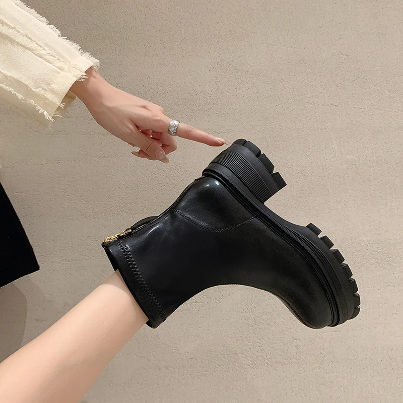 Обувь для женщин 2023 Модные женские ботильоны на платформе, современные женские ботинки, сшитые на молнии сзади, с круглым носком, на массивном каблуке, женские туфли Изображение 2
