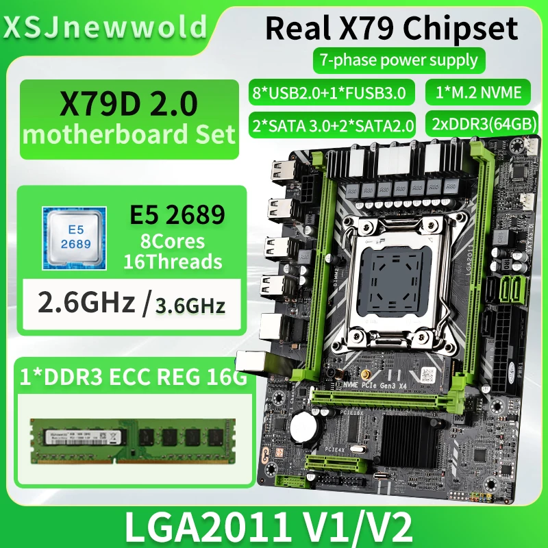 Комплект материнской платы X79D2.0 с процессором E5 2689 и памятью DDR3 REG 1 *16G = 16 ГБ Двухканальный комплект LGA2011 NVME M.2 SATA 3.0 Xeon Изображение 0