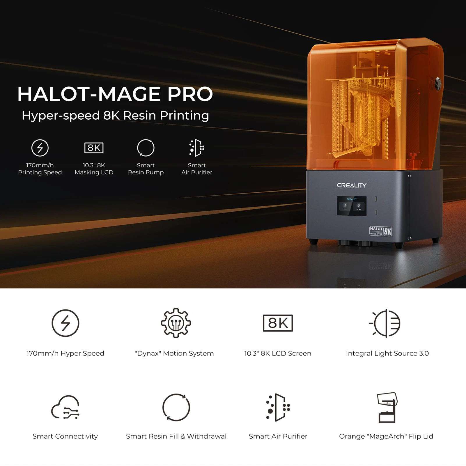 Creality HALOT MAGE Pro/3D-принтер из смолы MAGE (CL103) 170 мм/ч Сверхскоростная печать из смолы 8K с 10,3-дюймовым ЖК-экраном Большого объема сборки Изображение 1