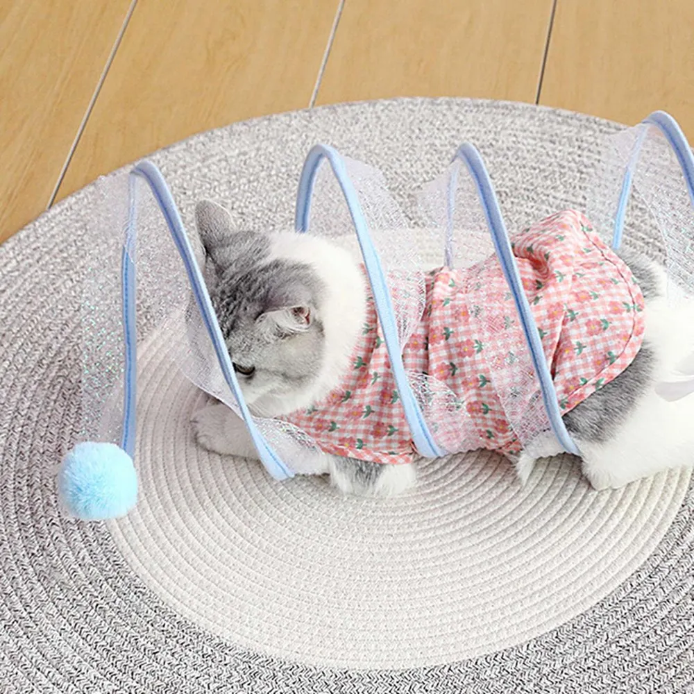 Спиральная пружинная трубка-туннель для кошек, Складная интерактивная игрушка для домашних животных, игровая палатка для щенков, Аксессуары для котенка с шариковыми перьями из сизаля Изображение 5