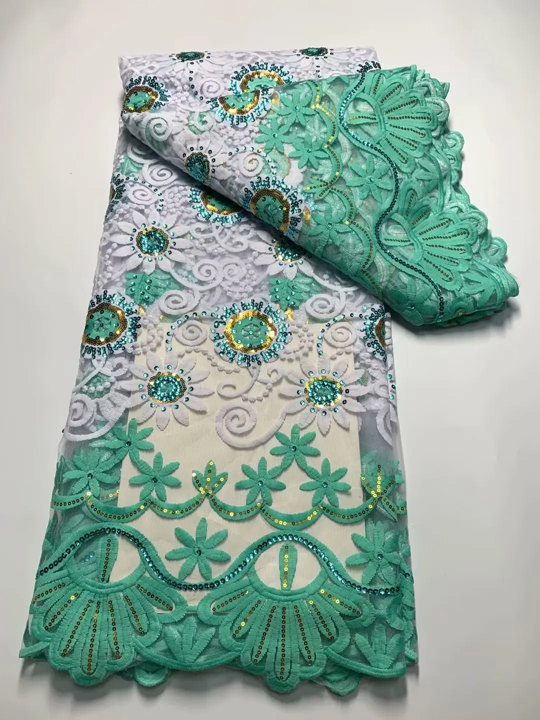 Голубовато-белая африканская кружевная ткань с вышивкой 3D пайетками, французская кружевная ткань, высококачественный нигерийский кружевной материал для свадьбы Изображение 1