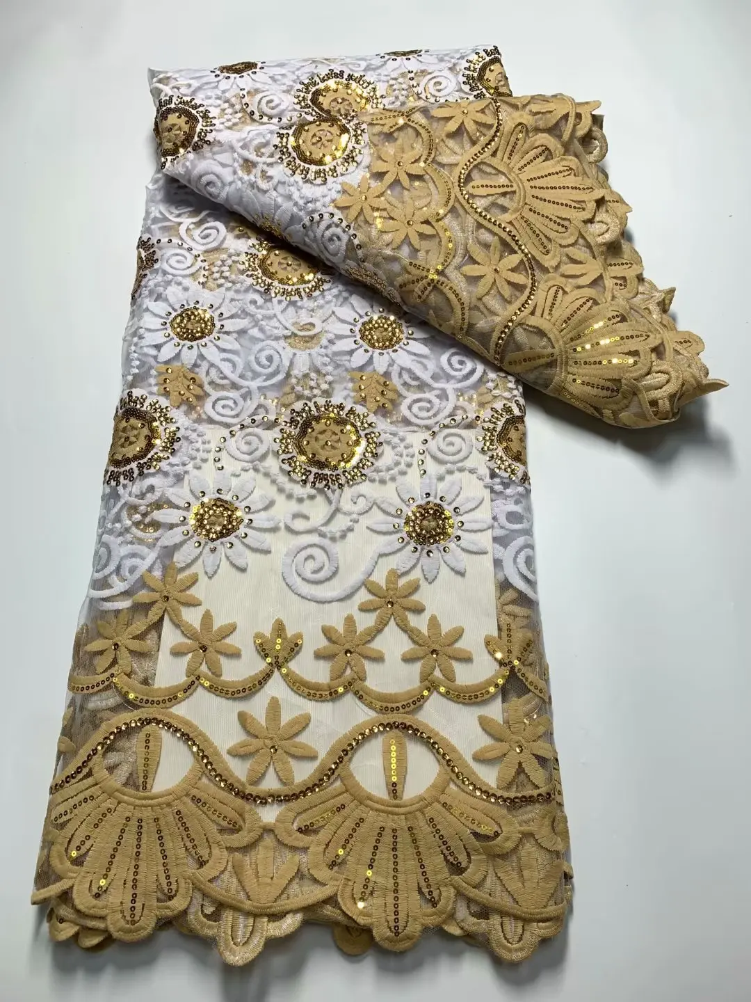 Голубовато-белая африканская кружевная ткань с вышивкой 3D пайетками, французская кружевная ткань, высококачественный нигерийский кружевной материал для свадьбы Изображение 2