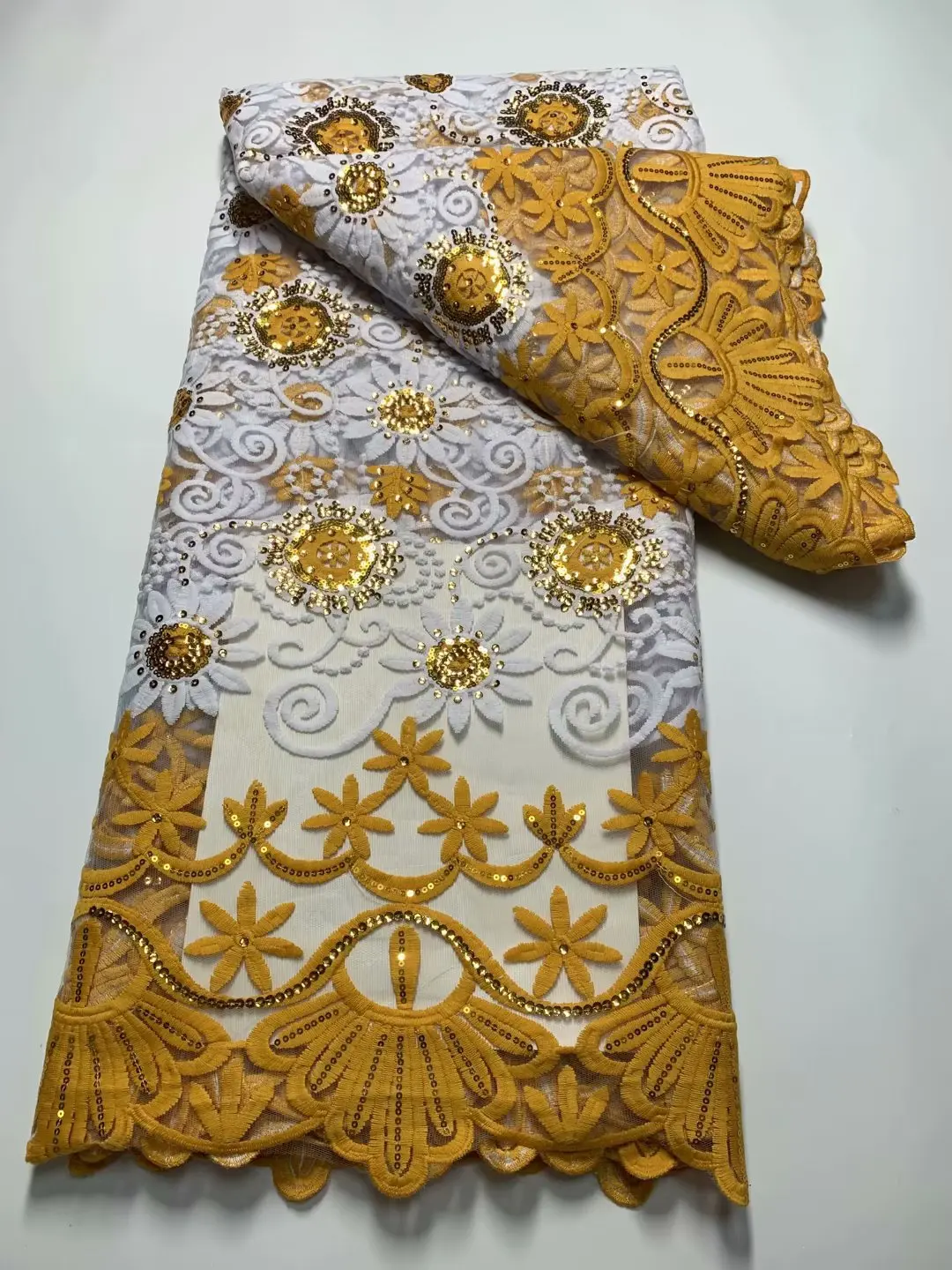 Голубовато-белая африканская кружевная ткань с вышивкой 3D пайетками, французская кружевная ткань, высококачественный нигерийский кружевной материал для свадьбы Изображение 3