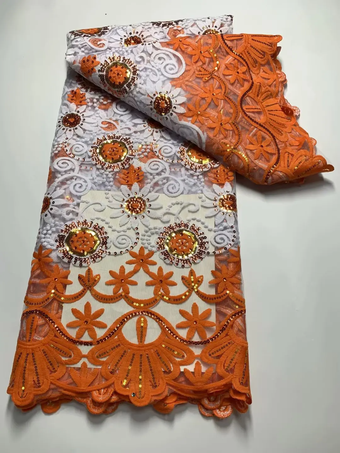 Голубовато-белая африканская кружевная ткань с вышивкой 3D пайетками, французская кружевная ткань, высококачественный нигерийский кружевной материал для свадьбы Изображение 4