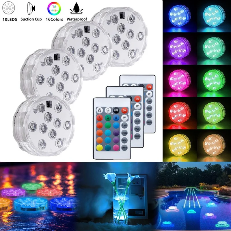 Ночник с 10 светодиодами RGB-погружной светильник с дистанционным управлением, работающий на батарейках, Подводная уличная ваза, чаша, украшение для вечеринки в саду Изображение 0