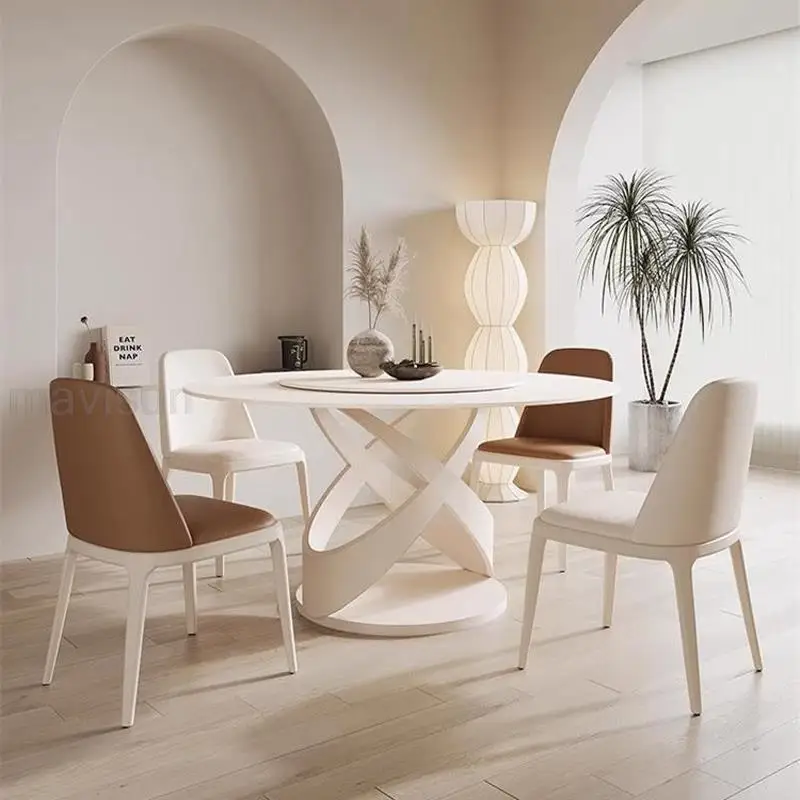 Круглый Стол В Кремовом Стиле Для Кухни Из Белой Бытовой Каменной Плиты, Настольный Обеденный Стол С Вращающейся На 360 ° Мебелью-Вертушкой Изображение 0