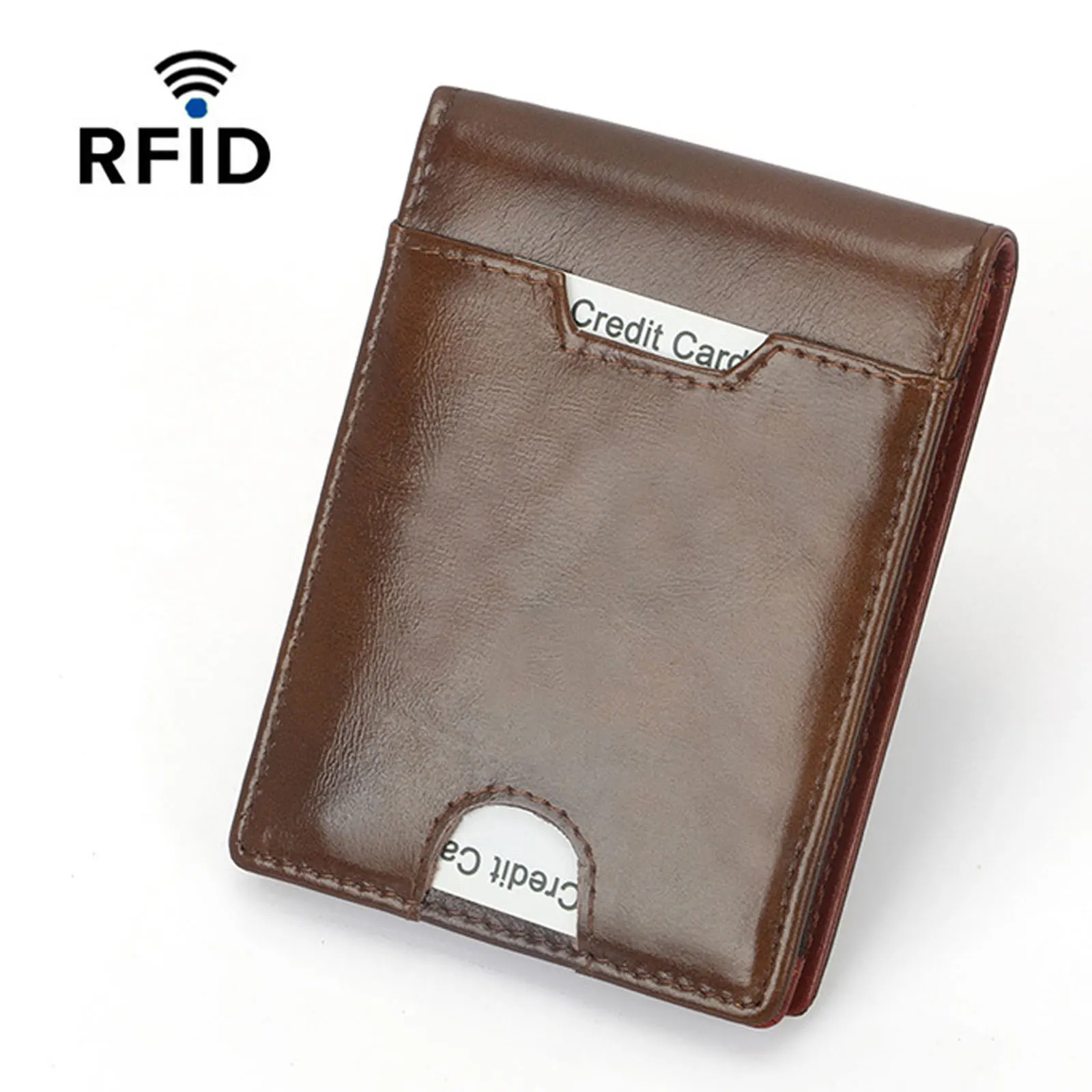 Мужской кошелек из натуральной кожи, блокирующий RFID, Двойной держатель для кредитных карт из воловьей кожи с зажимом для денег, Маленький портативный деловой кошелек для монет Изображение 0