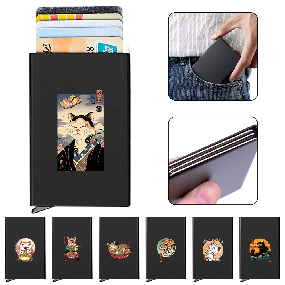 Мужской держатель для карт, Новый ID-кредит, Тонкий алюминиевый Металлический Противоугонный Портативный кошелек для карт, карманный футляр, коробка для кредитных карт с Японским принтом кота Изображение 0