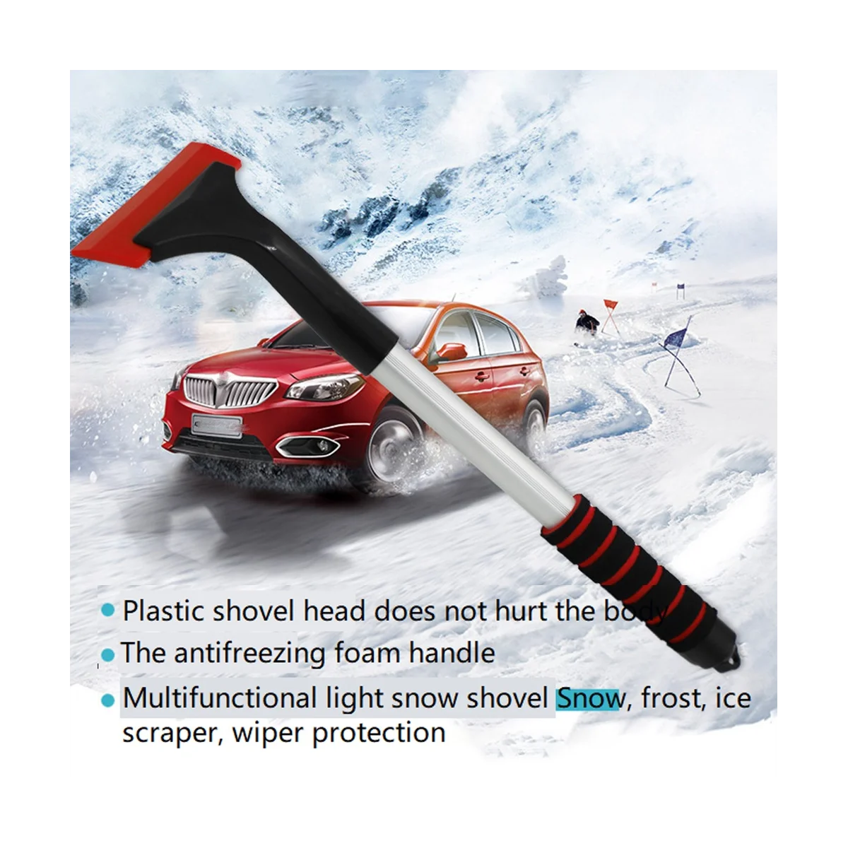 Выдвижной скребок для льда, щетка для снега, съемный инструмент для уборки снега с ручкой из пенопласта, головка щетки поворачивается на 360 °, скребок для снега B Изображение 0